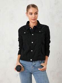 Womens Solid Color Denim Jacket, Casual Long Sleeve Button Down Chest Pocket Jean Jacket - Black - View 4