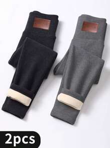 2PCS Thermal Lined Leggings Women - Thick Soft High Waisted Black Tummy Control Thermal Warm Velvet Pants For Cold Winter - 2 chiếc (đen + xám) - Xem 1