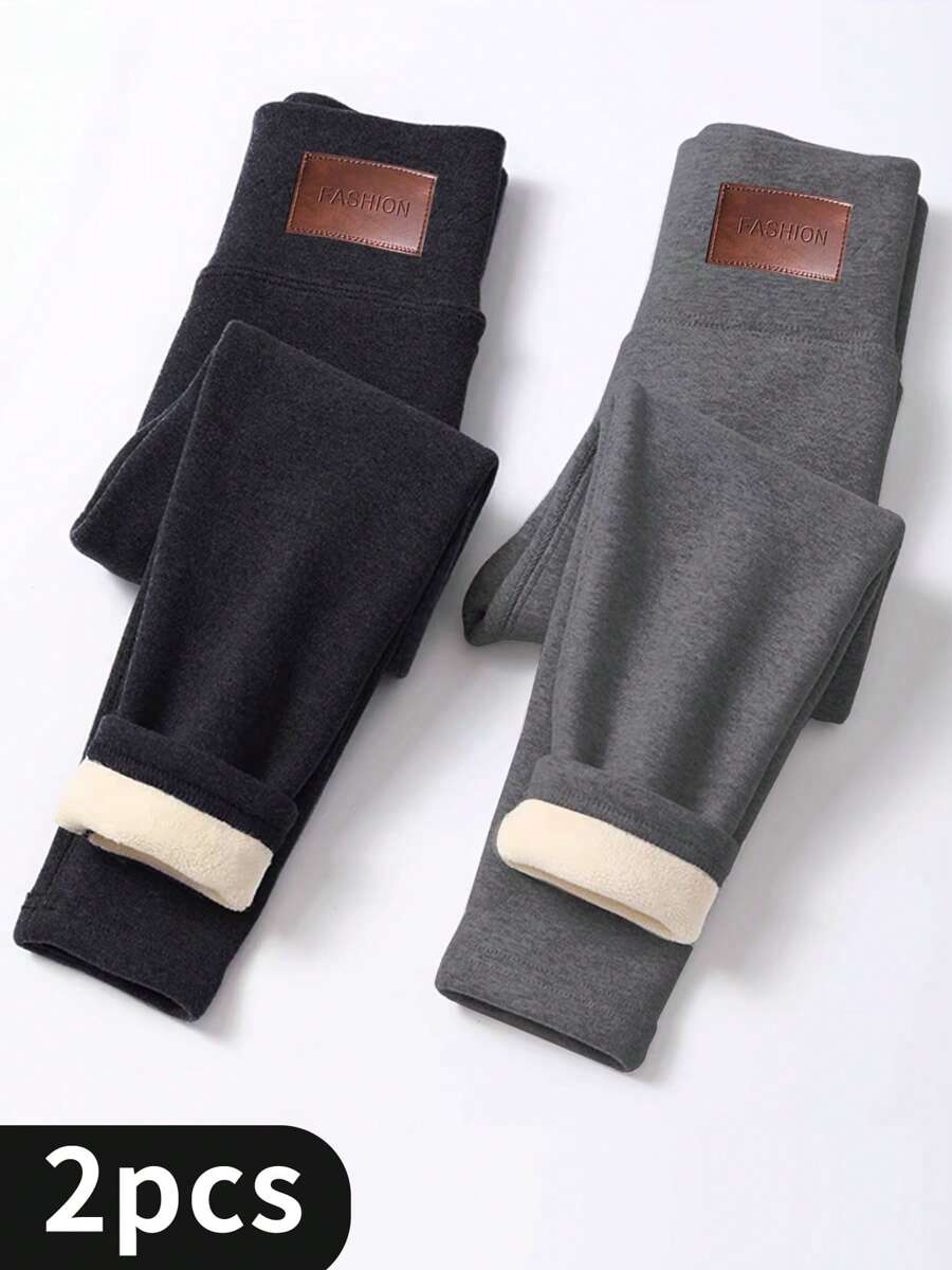 2PCS Thermal Lined Leggings Women - Thick Soft High Waisted Black Tummy Control Thermal Warm Velvet Pants For Cold Winter - 2 chiếc (đen + xám) - Xem 1