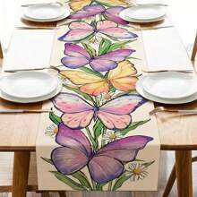 季节性蝴蝶桌布，雏菊花卉厨房餐桌装饰，乡村亚麻室内外家居装饰派对用品，春/夏 - 紫色 - 查看 4