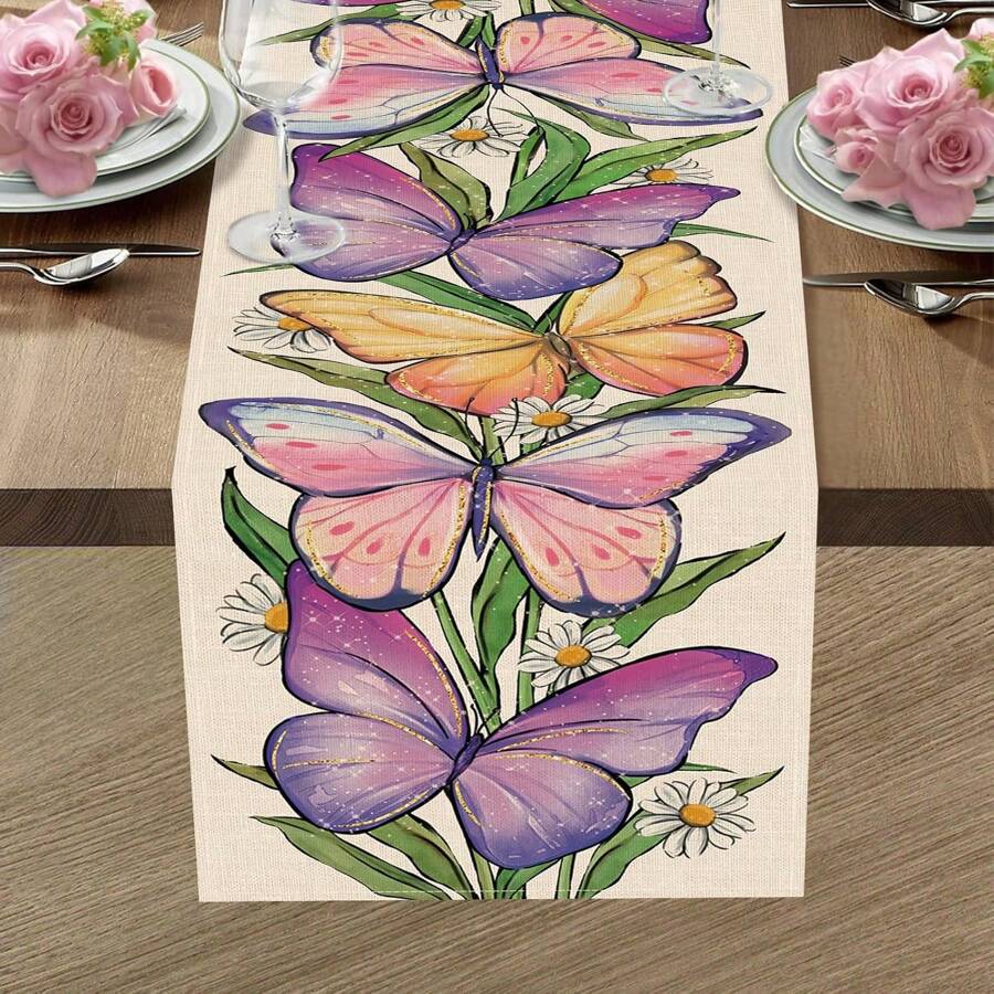 季节性蝴蝶桌布，雏菊花卉厨房餐桌装饰，乡村亚麻室内外家居装饰派对用品，春/夏 - 紫色 - 查看 1