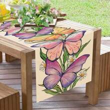 季节性蝴蝶桌布，雏菊花卉厨房餐桌装饰，乡村亚麻室内外家居装饰派对用品，春/夏 - 紫色 - 查看 3