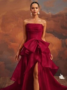VIPGIRL Elegant Burgundy Strapless Bow-Tiered High Slit Gown, Floor-Length Formal Evening Dress, Women's Prom Dress, Chic Cocktail Party Dress, Glamorous Banquet Gown, Women Formal & Evening Dresses, Wedding Guest Dress - Đỏ - Xem 8