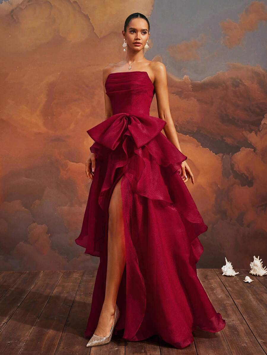 VIPGIRL Elegant Burgundy Strapless Bow-Tiered High Slit Gown, Floor-Length Formal Evening Dress, Women's Prom Dress, Chic Cocktail Party Dress, Glamorous Banquet Gown, Women Formal & Evening Dresses, Wedding Guest Dress - Đỏ - Xem 1
