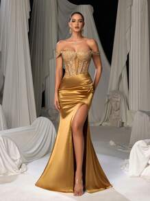 Faeriesty Rhinestone Detail Off Shoulder Lace Corset Bodice Contrast Split Satin Hem Formal Party Dress, Wedding Guest Dress, Evening Dress