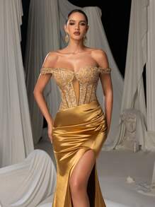 Faeriesty Rhinestone Detail Off Shoulder Lace Corset Bodice Contrast Split Satin Hem Formal Party Dress, Wedding Guest Dress, Evening Dress