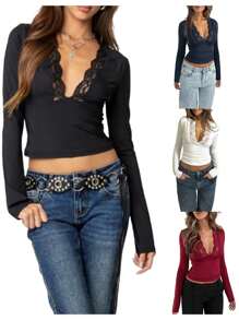 Women Long Sleeve Tops Casual Deep V-Neck Lace Patchwork Basic Shirt Blouses For Club Streetwear Aesthetic Clothes - Black - View 6