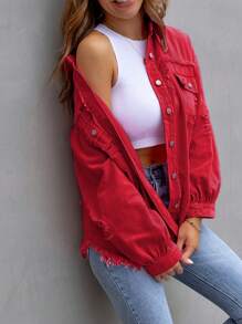 Women's Ripped Distressed Denim Jacket Long Sleeve Button Down Boyfriend Jean Coat Trucker Jacket - Red - View 5