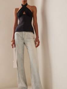 Women's Summer Fashion Tank Tops Solid Color Sleeveless Open Back Halter Neck Ruched Tops - màu đen - Xem 1