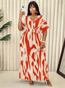 Plus Size V-Neck Batwing Sleeve Minimalist Printed Maxi Dress, Floral Pattern Random, For Summer - Red - View 4