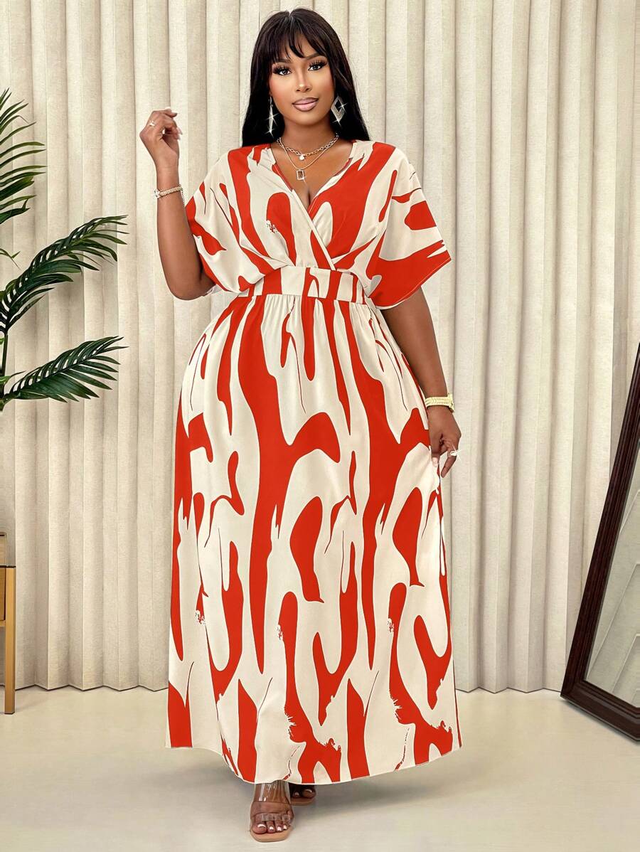 Plus Size V-Neck Batwing Sleeve Minimalist Printed Maxi Dress, Floral Pattern Random, For Summer - Red - View 1
