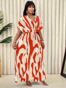 Plus Size V-Neck Batwing Sleeve Minimalist Printed Maxi Dress, Floral Pattern Random, For Summer - Red - View 5