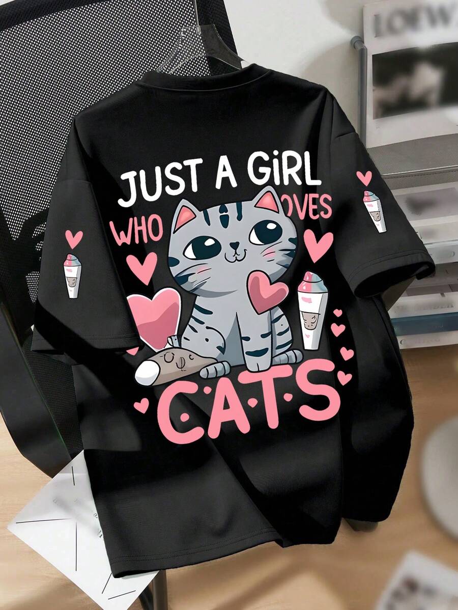 Girls' Cartoon Cat & Heart Print Round Neck T-Shirt, Casual Soft Top For Summer - Black - View 1