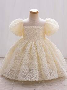 Champagne 3D Floral Flower Girl Dress, Exquisite And Beautiful, Suitable For Birthday Party, Wedding, Stage Performance And Other Occasions - Champagne - View 3