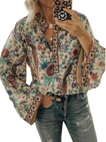 Women Casual Blouse, Long Sleeve Floral Printed Loose V-Neck Tops, Loose Wild Fashion Spring/Fall Top Shirt - 杏色 - 查看 1