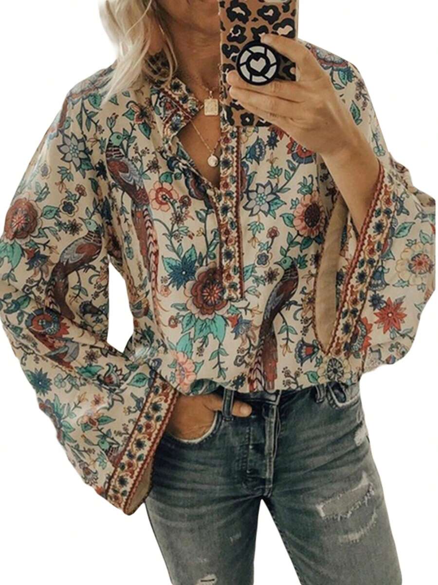 Women Casual Blouse, Long Sleeve Floral Printed Loose V-Neck Tops, Loose Wild Fashion Spring/Fall Top Shirt - Màu be - Xem 1