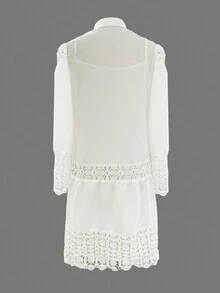 女士休闲优雅蕾丝拼布白衬衫连衣裙搭配吊带裙 2 件套，春夏 - 白色 - 查看 9