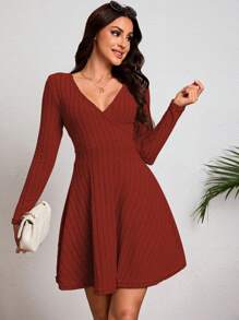 Vestido De Punto De Manga Largo Tejido De Canalé Para Dama,Vestido De Línea A Unicolor Casual Con Cuello V - Naranja - Ver 1