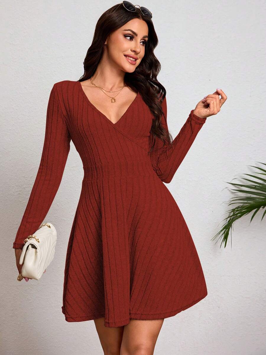 Vestido De Punto De Manga Largo Tejido De Canalé Para Dama,Vestido De Línea A Unicolor Casual Con Cuello V - Naranja - Ver 1