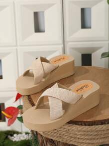 Women Apricot Criss Cross Wedge Slide Sandals, Elegant Open Toe Sandals For Daily - Apricot - View 4