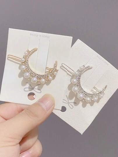 2pcs Women Chic Faux Pearl & Rhinestone Crescent Moon Hair Clips, Vintage Elegant Side Bangs Hairpin, Luxury Decorative Fashion Hair Accessories, Suitable For Daily Wear Claw Clips Hair Slide Hair Barrettes, Head Accessories