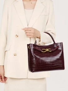复古新款鳄鱼纹手提包，大容量轻便奢华斜挎单肩包，时尚百搭女士斜挎包，包包女士优雅 - 酒紅色 - 查看 2