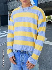 Loose Fit Casual Street Style Unisex Knitted Sweater, Warm For Spring, Autumn & Winter, European & Asian Design, Long Sleeve, Dropped Shoulder, Minimalist Striped Crew Neck