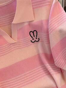 Summer Knit Short Sleeve Polo Collar T-Shirt For Women, Contrast Stripe & Embroidered - Pink - View 3