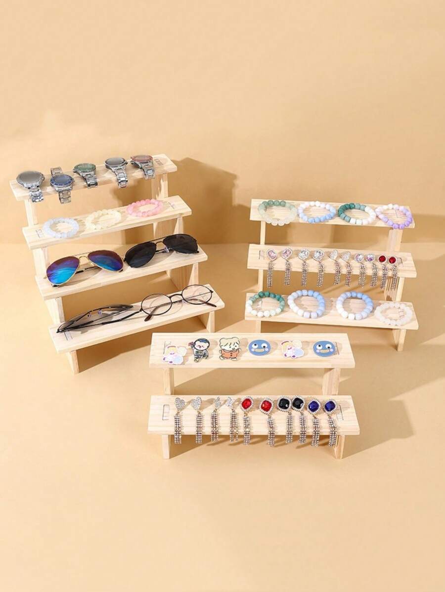 Expositor de madera de varios niveles para exhibición de joyas, gafas, accesorios, pulseras, pendientes y organización de joyería - Beis - Ver 1