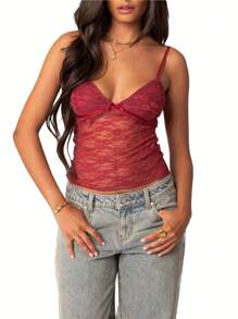 Women Crop Floral Lace Camisole Summer Backless Spaghetti Strap Tank Tops Sleeveless T-Shirt For Streetwear Clubwear - 降紅色 - 查看 1