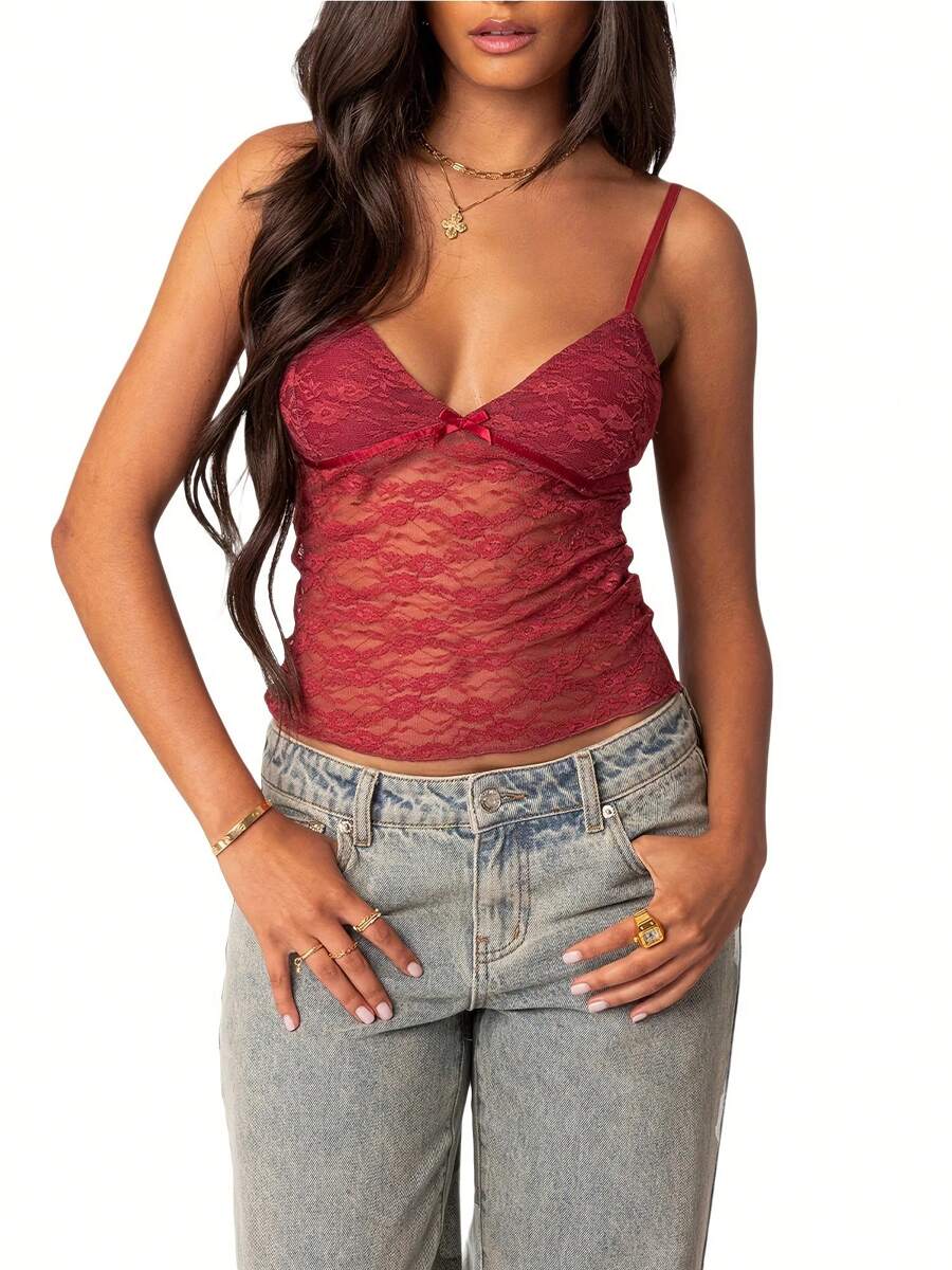 Women Crop Floral Lace Camisole Summer Backless Spaghetti Strap Tank Tops Sleeveless T-Shirt For Streetwear Clubwear - 降紅色 - 查看 1