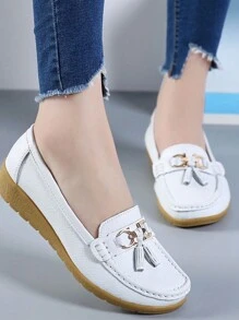 女士低跟乐福鞋，一脚蹬休闲鞋，轻便防滑软底平底鞋 - 白色 - 查看 1