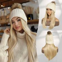 Knitted Hat With 18 Inch Synthetic Long Natural Straight Stylish Hair Extensions,Knitted Hat Wig For Women Halloween, Christmas, Party And Daily Use