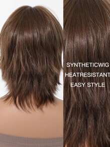 12 Inch Short Mullet Head Wigs With Bangs Synthetic Straight Women Black Short Hair Wig For Daily Party Cosplay Wigs - 棕色 - 查看 8