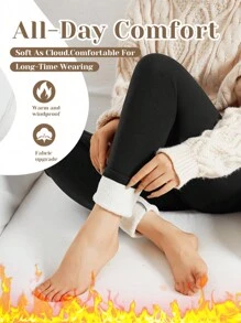 2PCS Thermal Lined Leggings Women - Thick Soft High Waisted Black Tummy Control Thermal Warm Velvet Pants For Cold Winter - 2件(紅+藍) - 查看 2