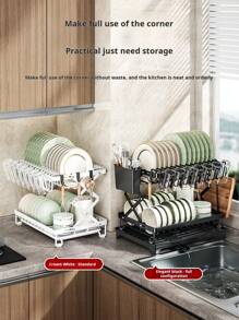 1 Kitchen Collapsible Dish Rack, Countertop Multi-Layer Dish Utensil Cup Drainer Rack, Dish Drying Rack For Kitchen Countertop, Double Layer Large Capacity Dish Drying Rack With Steel Drainer Plate, Dish Drying Rack With Drainer Shelf For Dish, Knives, Cups, Cutting Boards, Kitchen Supplies