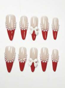 10pcs Pure Handmade Medium Size Press-On Nails Almond, Simple Style Nails, White Nails French Tip Nails, Three-Dimensional Pearl Bow Nail Decorations, Mother-Of-Pearl Threaded Nail Adhesive, Gel Nail Sets, Spring Nails, Summer Nails, Fake Nails For All Occasions With Clothes To Use, Nail Art, 2025 New Nails, Nails Press On, European And American Nails, Modern Japanese Nails - Red - View 27
