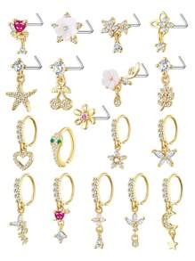 1-8 chiếc khuyên mũi bằng đồng Zirconia nhiều thành phần hình trái tim và hoa bạc, đinh mũi mạ vàng 18K, thích hợp làm trang phục hàng ngày và quà tặng mùa hè cho phụ nữ - Bạc - Xem 9