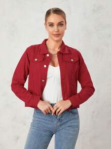 Womens Solid Color Denim Jacket, Casual Long Sleeve Button Down Chest Pocket Jean Jacket - Red - View 5