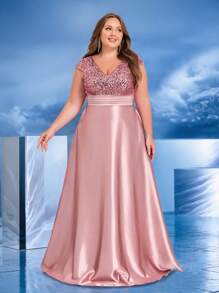 XUIBOL 大码女式优雅飘逸 V 领亮片拼接缎面 A 字型正式长裙，带口袋，适合派对、宴会、舞会（重饰）、婚礼宾客礼服、晚礼服 - 藕粉色 - 查看 7