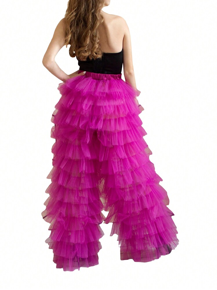 Women Cute Tulle Pants, Solid Color Patchwork Multi-Layer Ruffle Yarn High Waist Female Trousers - Màu đỏ tím - Xem 4