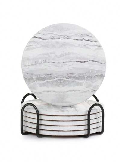 Conjunto de 6 peças de porta-copos de cerâmica e mármore com suporte - porta-copos absorventes e antiderrapantes para decoração de casa e bar, porta-copos de mesa de centro com suporte, porta-copos absorventes, porta-copos de mesa de madeira e cerâmica estilo mármore para todos os tipos de xícaras