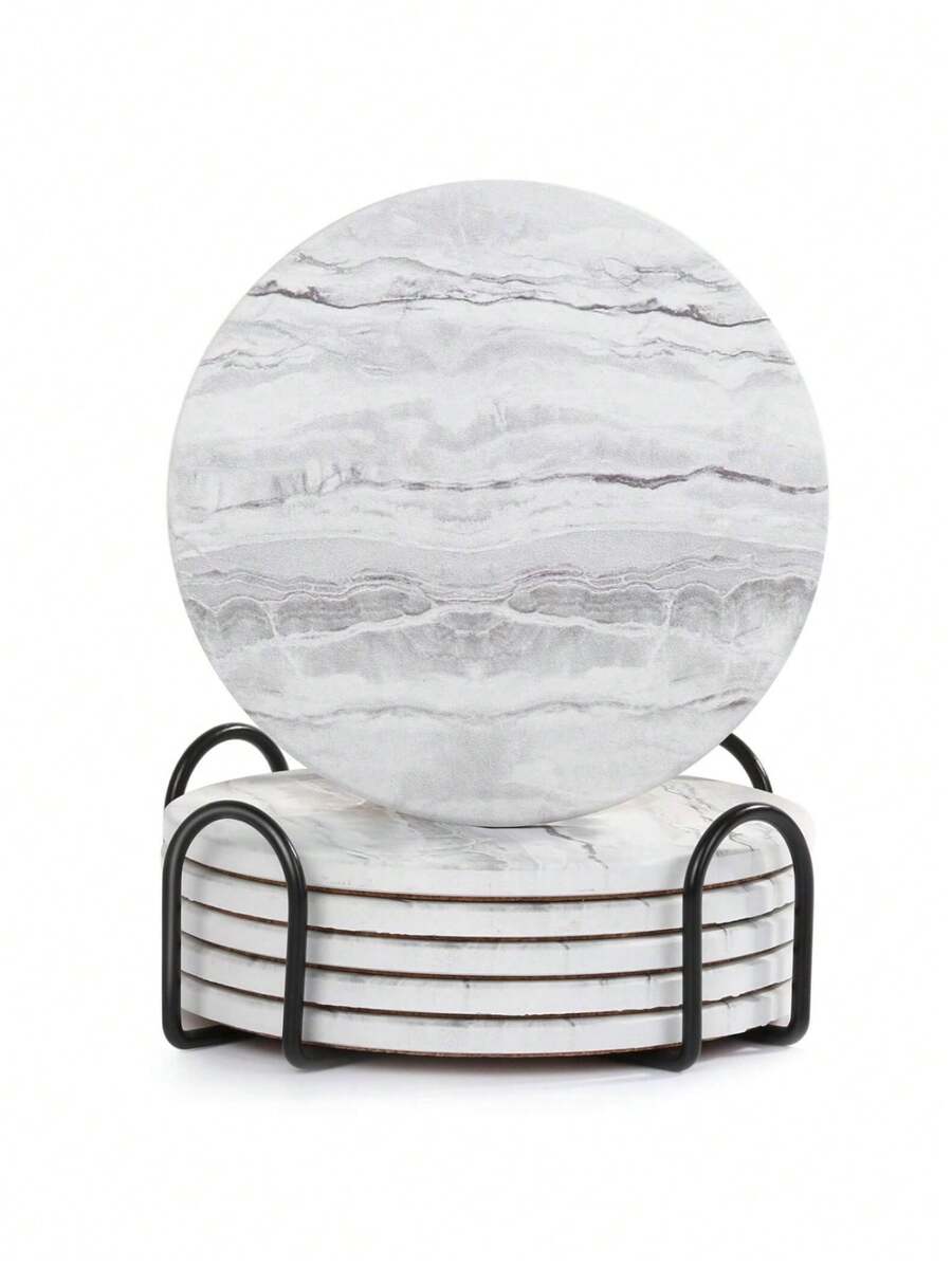 6 Pieces Set Of Marble Ceramic Coasters With Stand - Absorbent Non-Slip Drink Coasters For Home And Bar Decoration, Coffee Table Coasters With Stand, Absorbent Coasters, Marble Style Ceramic Wooden Table Coasters For All Kinds Of Cups
