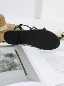 Women's Fashion Open Toe Sandals With Strap, Rivet, Memory Foam Insole, Sexy And Casual Black Flat Sandals