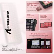ATTACK SHARK Teclado Sem Fio ATTACK SHARK X85 Teclado Mecânico Gamer Hot Swap, 75% TKL RGB, Sem Fio 2.4GHz/Bluetooth/USB-C, Gaxeta, Perfil Cherry PBT Keycaps, Cabo Enrolado