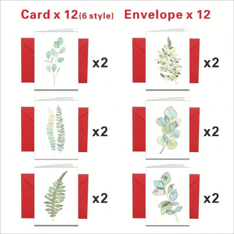 24张/套（含信封）什锦植物贺卡，含信封 - 多用途空白卡片，适用于感谢、祝贺、祝好运 - 适用于节日、婚礼、周年纪念日，5*7英寸 - 含厚信封 - 紅色 - 查看 1
