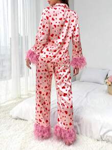 Satin Heart Print Pajama Set Women Long Sleeve Feather Tim Love Pjs Set Button Shirt Top Pants Set Loungewear - 粉色 - 查看 6