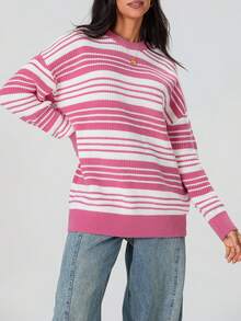 Suéter de rayas de gran tamaño para mujer, cuello redondo, manga larga, jersey de punto, ropa de calle informal para invierno y otoño - Rosa - Ver 5