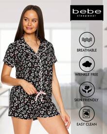 Bebe Pajama Set For Women, Stretch Rayon Knit Short Sleeve PJs For Women Set, Ladies Pajamas Sets - Black 5 - View 3
