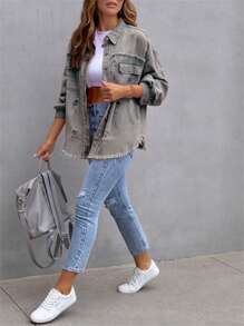 Women's Spring Autumn Denim Coat Lapel Long Sleeve Solid Color Button Up Ripped Jean Jacket - Grey - View 4
